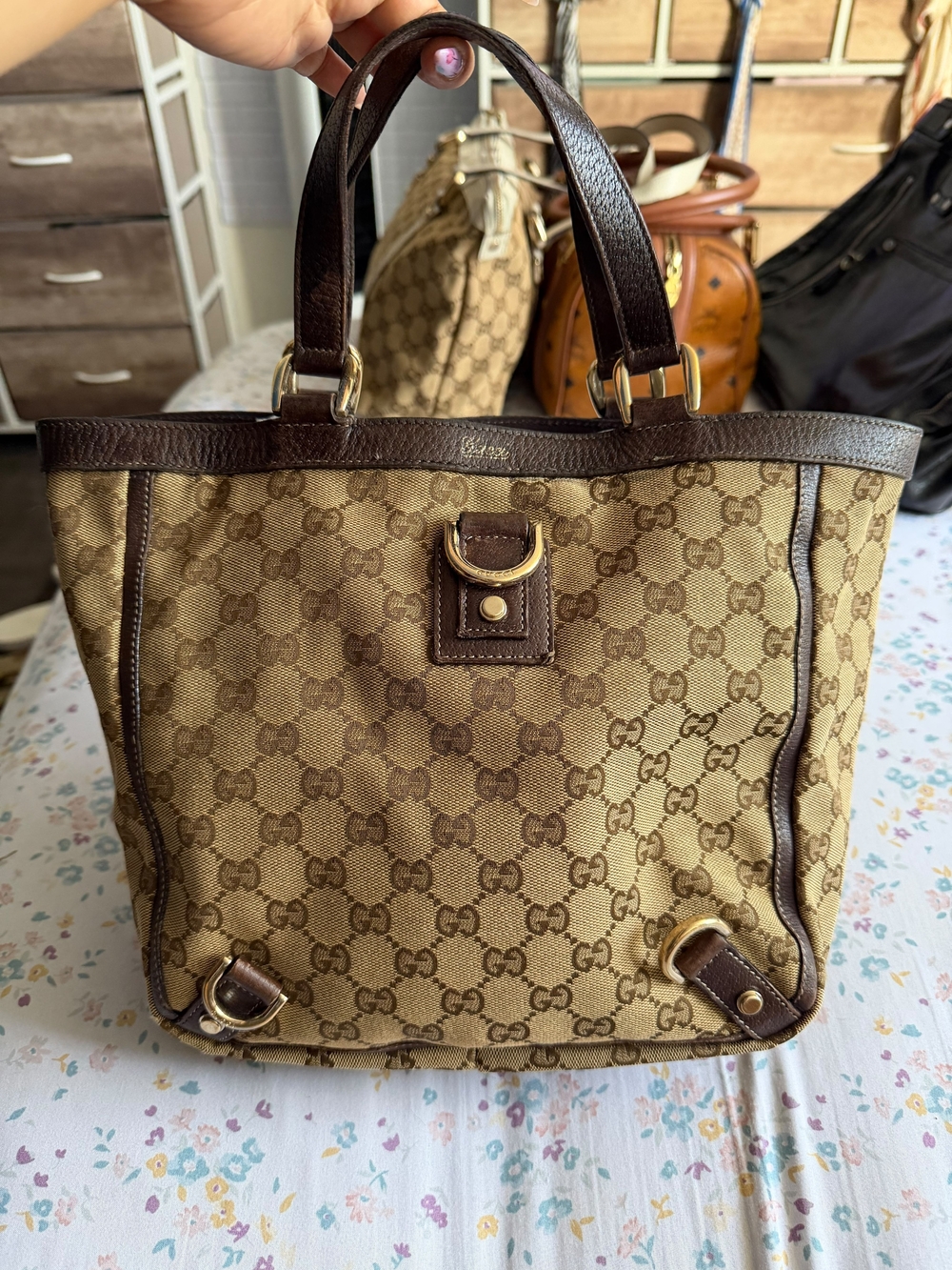 Gucci Beige GG Canvas Tote with Brown Leather Trim